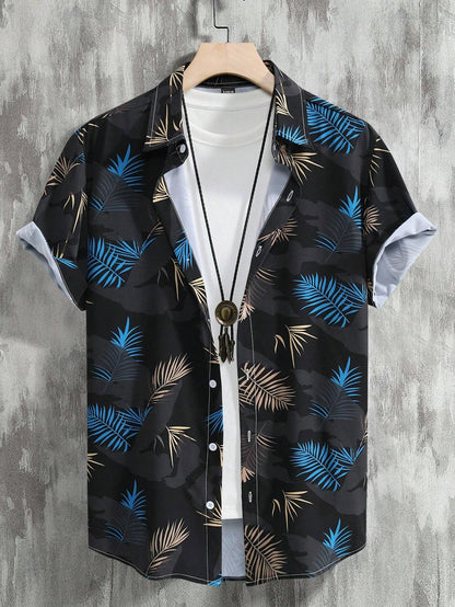 Men's Coconut Tree Graphic Print Short Sleeve Lapel Shirt Tops Men's Casual Button-Down Shirts For Summer Daily Wear And Resort