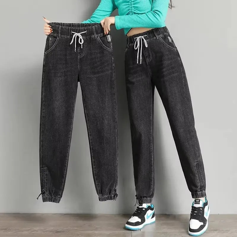 Women High Waist Denim Pants Harlan Elastic Waist Loose Casual Ankle long Pants