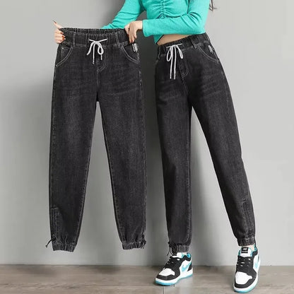 Women High Waist Denim Pants Harlan Elastic Waist Loose Casual Ankle long Pants