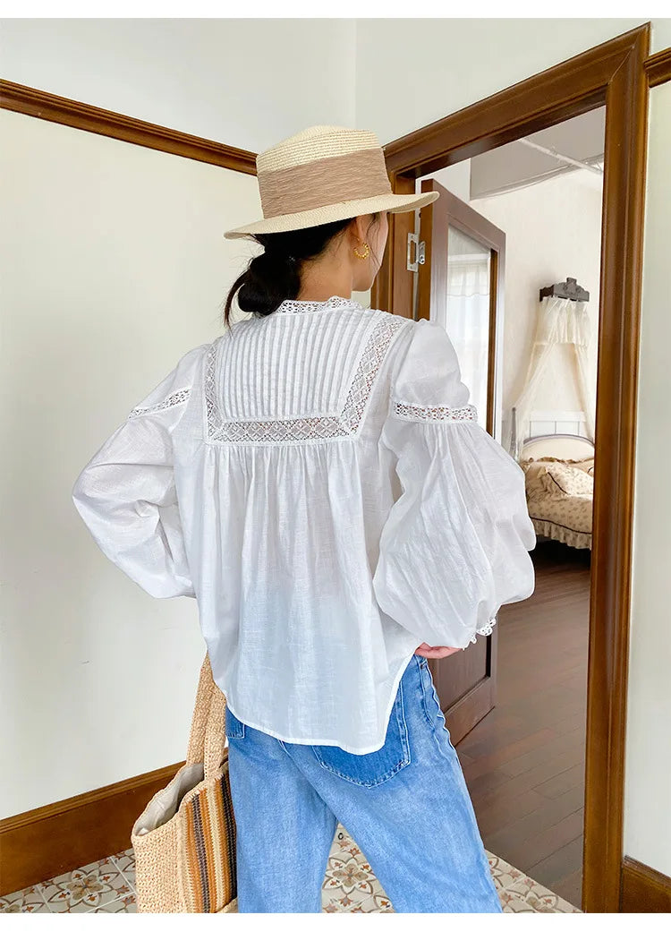 2025 Spring New Women's French White Shirt Splicing Lace Embroidery Design Ladies Shirt Long Sleeve Casual Holiday Beach Tops