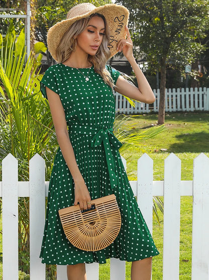 Women Short Sleeve Polka Dot Print Midi Dresses