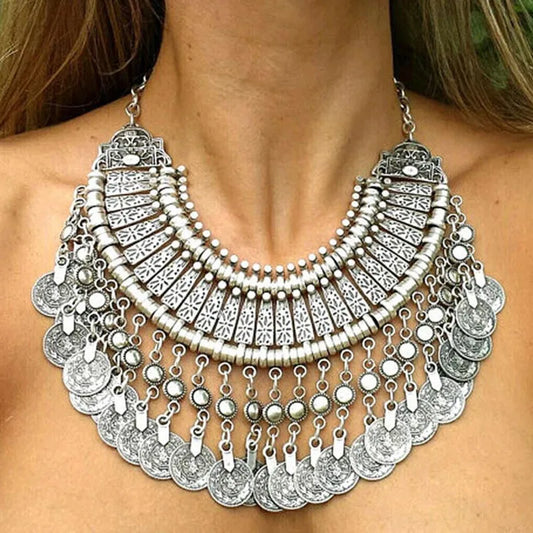 Gypsy Bohemia Metal Coin Tassel Statement Choker Necklace Women Boho Afghan Turkish Ethnic Tribal Jewelry