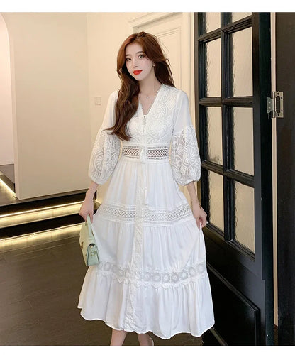 2025 Women's New Spring/Summer White Hollow Sweet Dress Fashion French Bubble Sleeve Knee length Skirt European and American