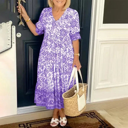Women V Neck Pullover Button Splicing Dresses Elegant Flower Print Dress New Half Sleeve Gown Commuter Casual Loose Female Frock