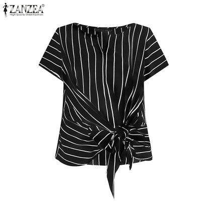 ZANZEA Women Fashion Tie-Front Striped Blouses 2025 Summer Stylish V-Neck Short Sleeve Tops Elegant Casual Commute Blusas Mujer