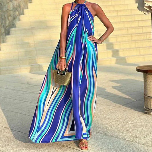 Bohemian Long Dress Women Sleeveless Casual Print Big Hem Summer Pleated Holiday Beach Loose Halter Beach Sundress