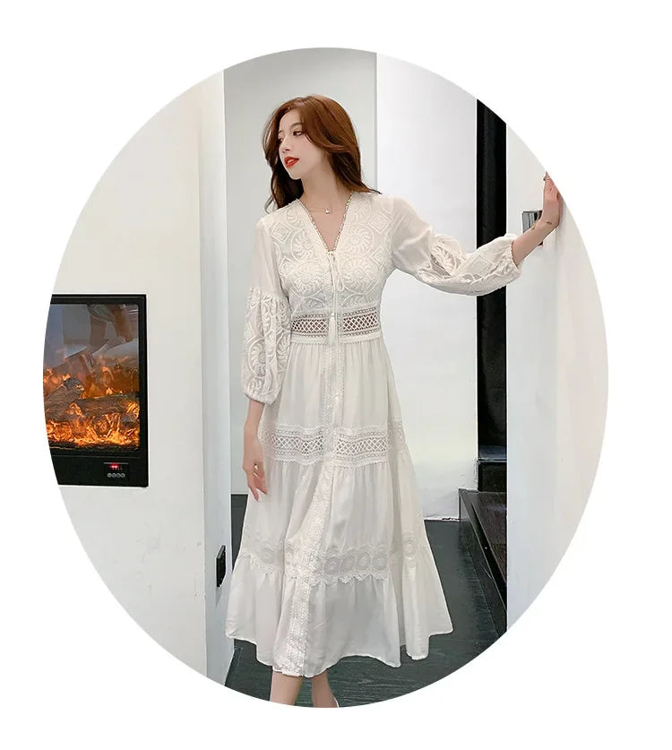 2025 Women's New Spring/Summer White Hollow Sweet Dress Fashion French Bubble Sleeve Knee length Skirt European and American
