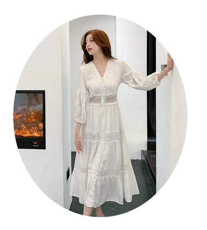 2025 Women's New Spring/Summer White Hollow Sweet Dress Fashion French Bubble Sleeve Knee length Skirt European and American