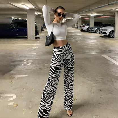 2024 Summer Zebra Print Wide Leg Pants Y2K Trousers Sexy High Waist Women New Fashion Casual Female Stripe Streetwear 16395