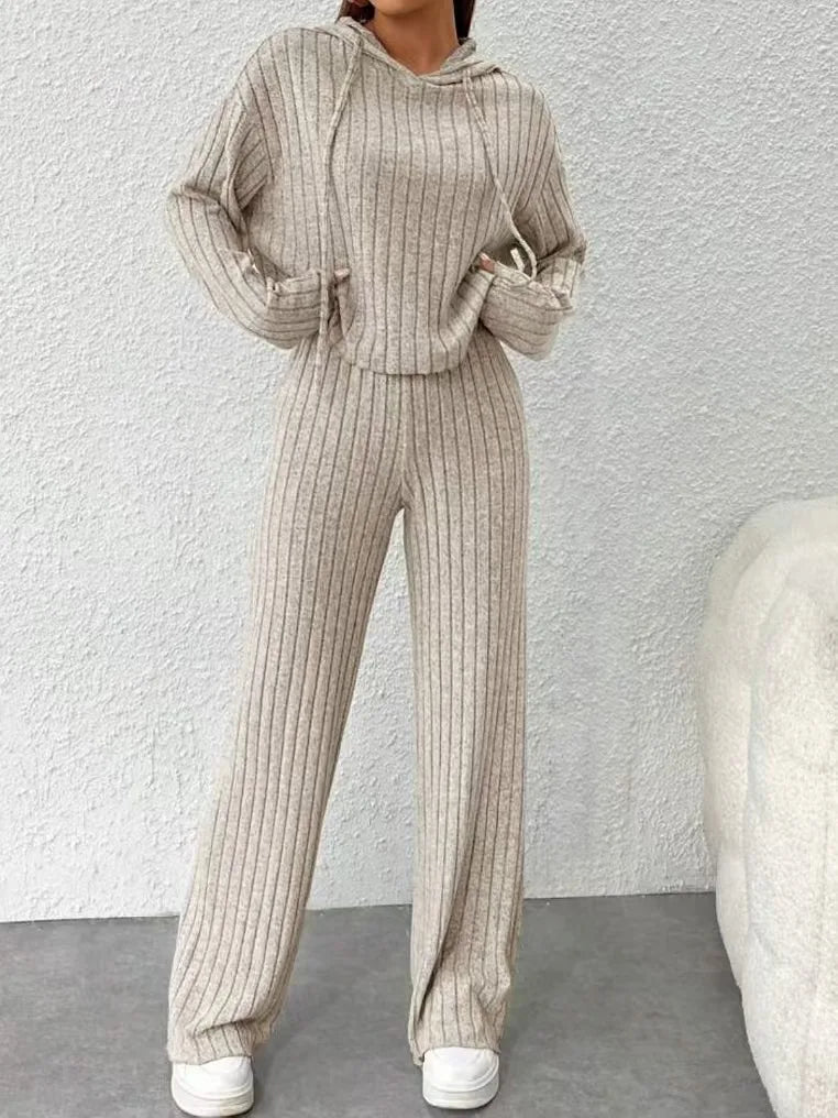 New Casual Knitted Striped Long Hooded Sweatshirt Loose Long Sleeves and Trousers Fashion Suit