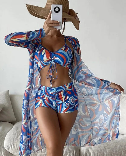Summer Print Swimsuits Tankini Sets Female Swimwear Push Up For Beach Wear Three-Piece Bathing Suits Pool Women's Swimming Suit