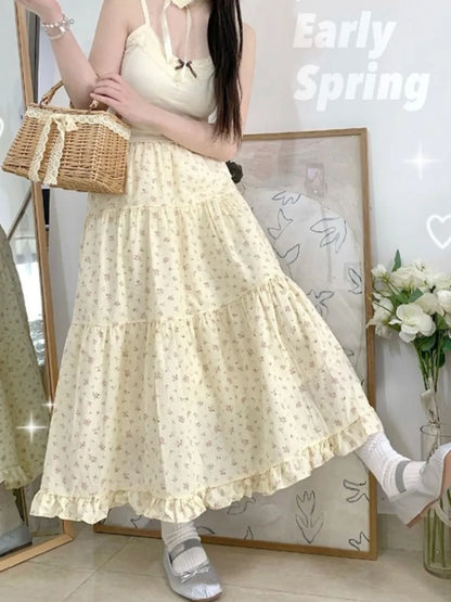Floral A-Line Skirt for Women Summer 2024 Mid-Calf Length High Waisted Skirt Korean Streetwear Y2k Harajuku Skirt