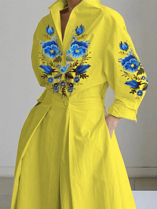 Women Elegant Turn Down Collar Dress Long Sleeve Floral Printed Vintage Pleated A-line Pockets Evening Party Plus Size Dresses