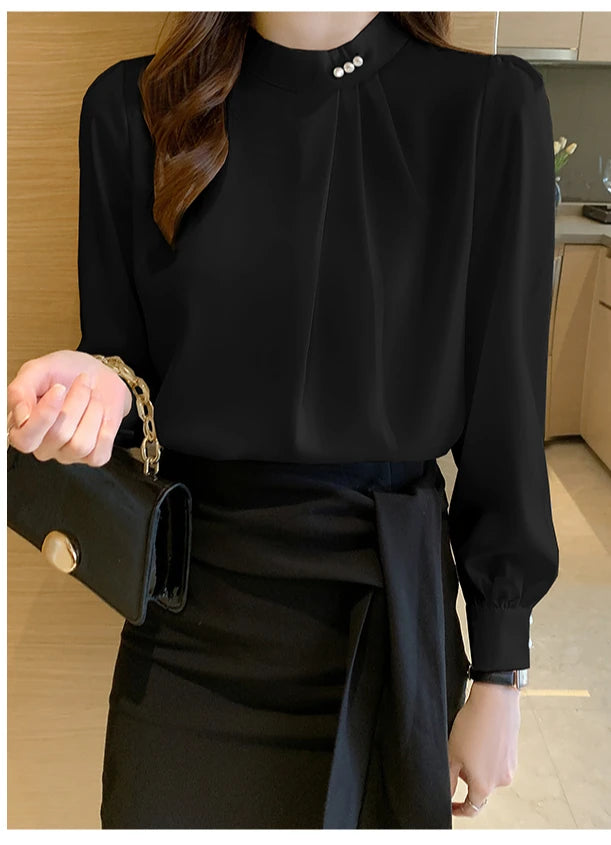Spring Autumn Satin Women's Blouses 2025 New Long Sleeve Beading Solid Stand Collar Workwear Office Lady Elegant Shirt Female