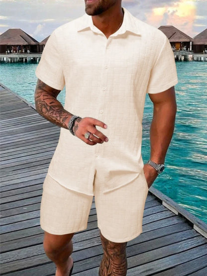 2025 New Summer Men's casual daily outdoor travel solid color jacquard lapel short-sleeved Shirt drawstring Shorts two-piece Set