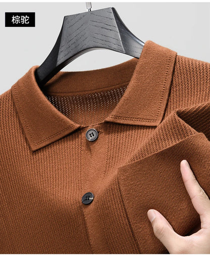 High-quality Men's Delicate Hollow Knit Cardigan, Lapel Single-breasted Button Autumn Sweater Versatile Knitwear for Daily Wear.