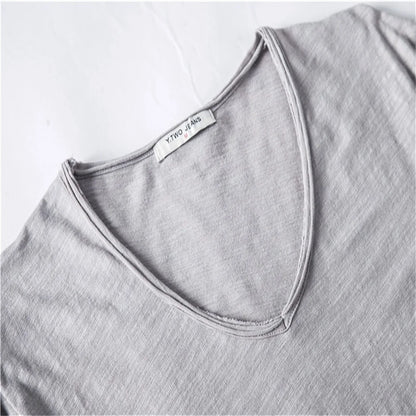 2021 New Summer V-neck T-shirt Men 100% Combed Cotton Solid Short Sleeve T Shirt Men Fitness Undershirt Male Tops Tees