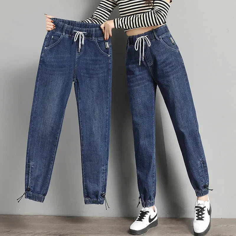Women High Waist Denim Pants Harlan Elastic Waist Loose Casual Ankle long Pants