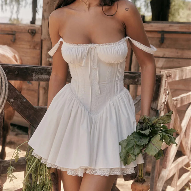 Sexy Lace Floral Corset Short Dress Women's Slip White Yellow Casual Bandage Dresses Female Clothing Party Birthday Summer 2025