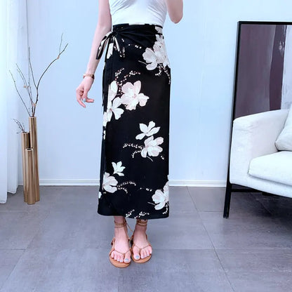 High Waist Long Skirt  Wrap Dress Asymmetrical Hem Chiffon Floral Print Belted Midi Skirt for Short Women Summer Dress