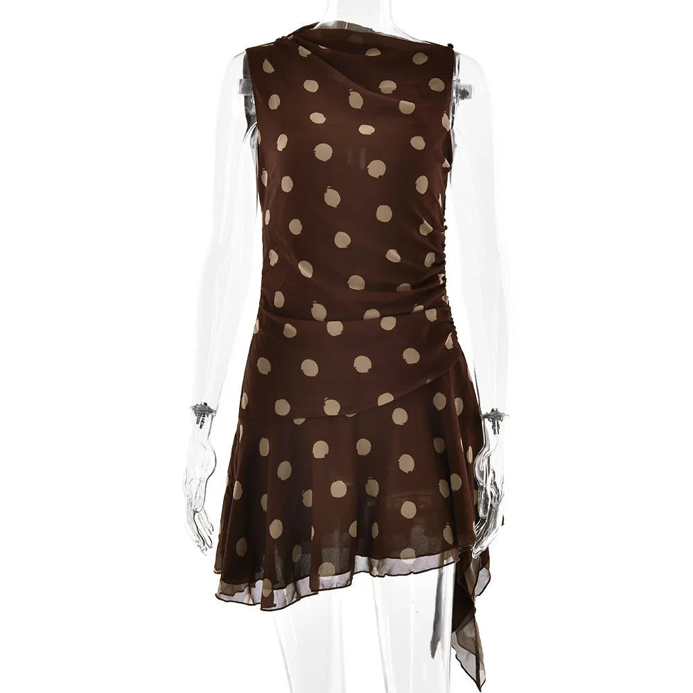 JULISSA MO Chiffon Print Polka Dot Ruched Women Dress Coffee Sleeveless High Waist Dress Spring Slim Elegant Party Club Outfits