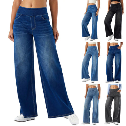 Women Jeans Denim Pant Wide Leg Streetwear Elastic Waist Straight Trousers