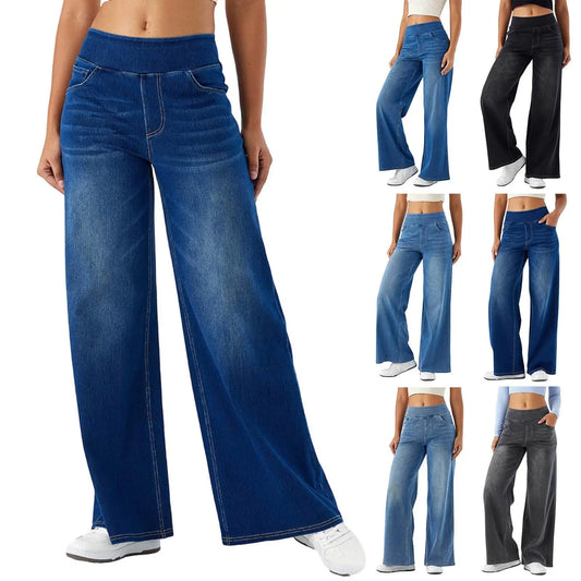 Women Jeans Denim Pant Wide Leg Streetwear Elastic Waist Straight Trousers