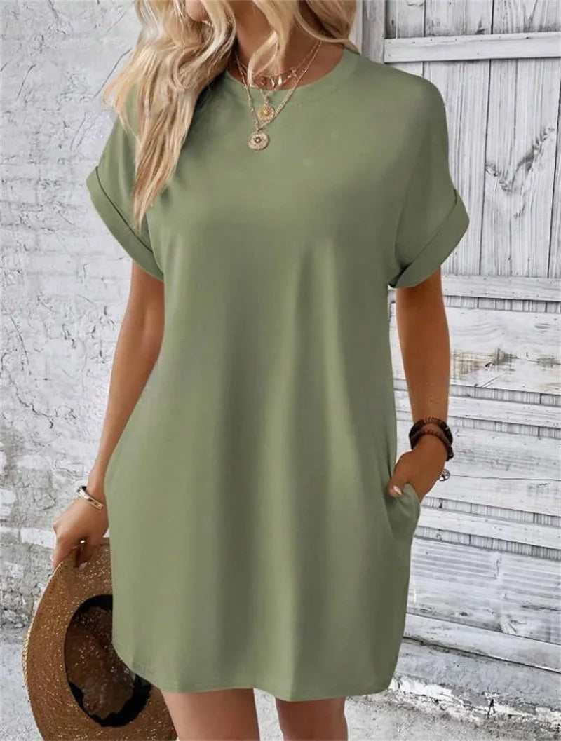 Fashion Solid Color Side Pocket Dresses Women Korean O Neck Pullover Dress Summer Female Comfortable Commuter Casual Short Gown
