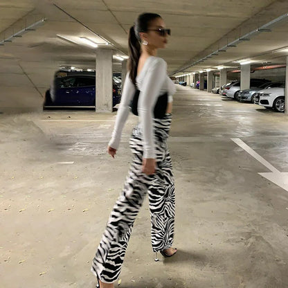 2024 Summer Zebra Print Wide Leg Pants Y2K Trousers Sexy High Waist Women New Fashion Casual Female Stripe Streetwear 16395