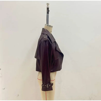 Brown Lapel Leather Bomber Jacket Women's Fashion Full Sleeve Zipper Pocket Lace Up Belt Coat 2025 Autumn High Street Outerwear