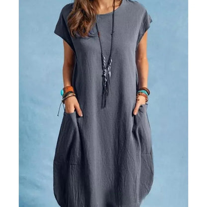 Summer Breathable Cotton Linen Solid Color Dresses Female Comfortable Casual Loose Dressy Women's Crew Neck Double Pockets Gown