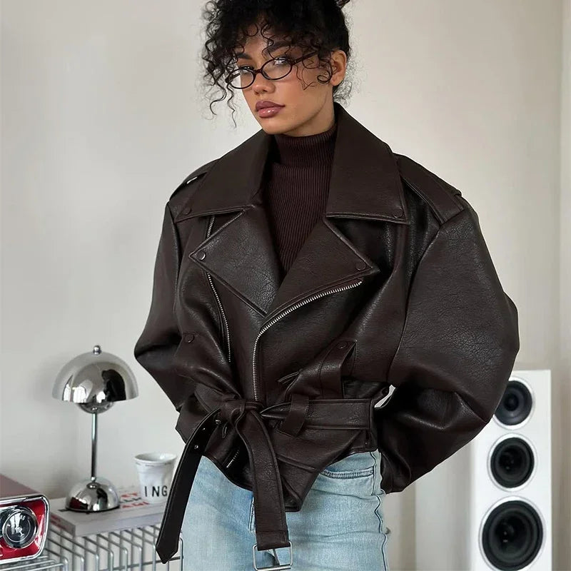 Brown Lapel Leather Bomber Jacket Women's Fashion Full Sleeve Zipper Pocket Lace Up Belt Coat 2025 Autumn High Street Outerwear
