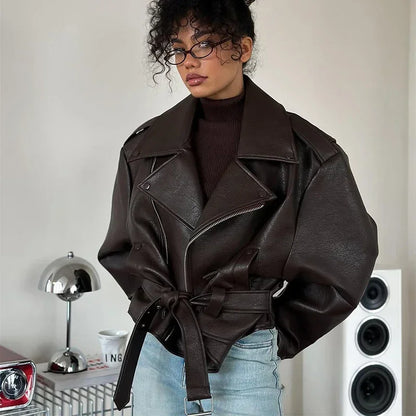 Brown Lapel Leather Bomber Jacket Women's Fashion Full Sleeve Zipper Pocket Lace Up Belt Coat 2025 Autumn High Street Outerwear
