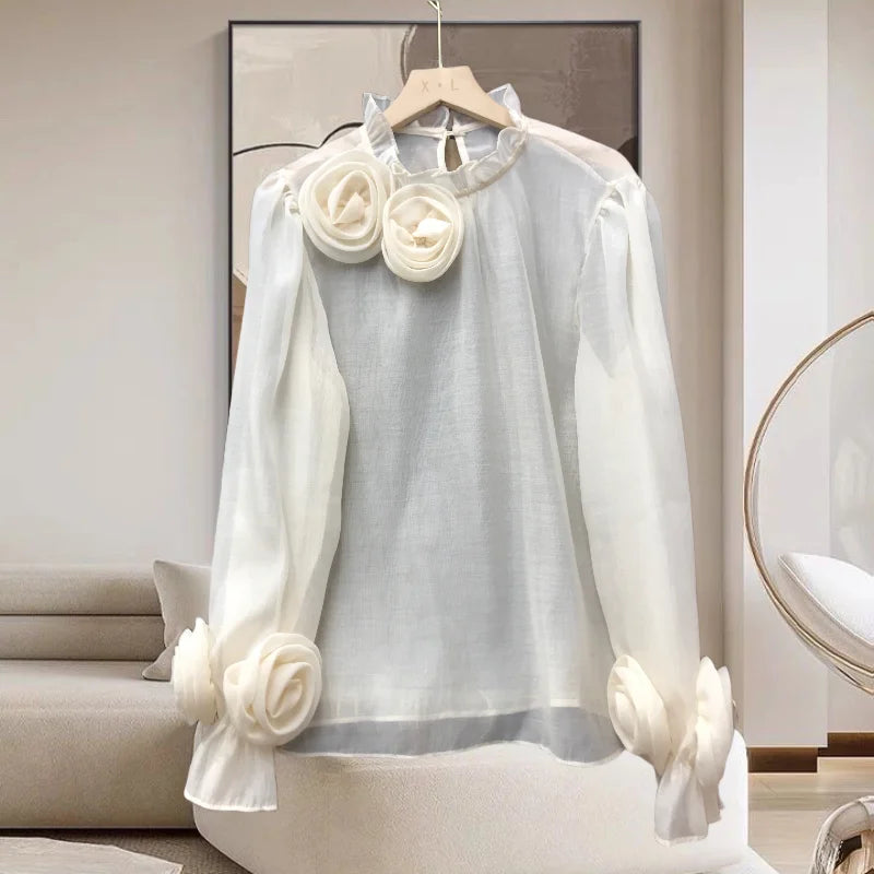 Spring 2024 French Style Shirt Women Three-dimensional Flowers Patchwork Colored Blouse Solid Long Sleeve Women Top 42927