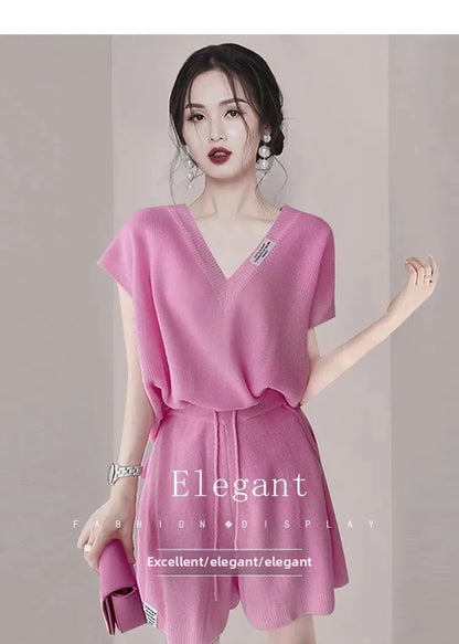 Casual Fashionable V-Neck Shorts Set Summer New Light Elegant Quality Small Size People Will like Short Skirt And Top Set