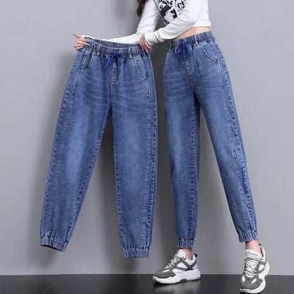 Women High Waist Denim Pants Harlan Elastic Waist Loose Casual Ankle long Pants