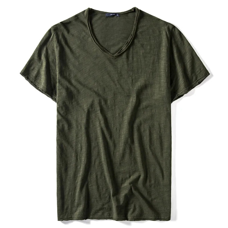 2021 New Summer V-neck T-shirt Men 100% Combed Cotton Solid Short Sleeve T Shirt Men Fitness Undershirt Male Tops Tees