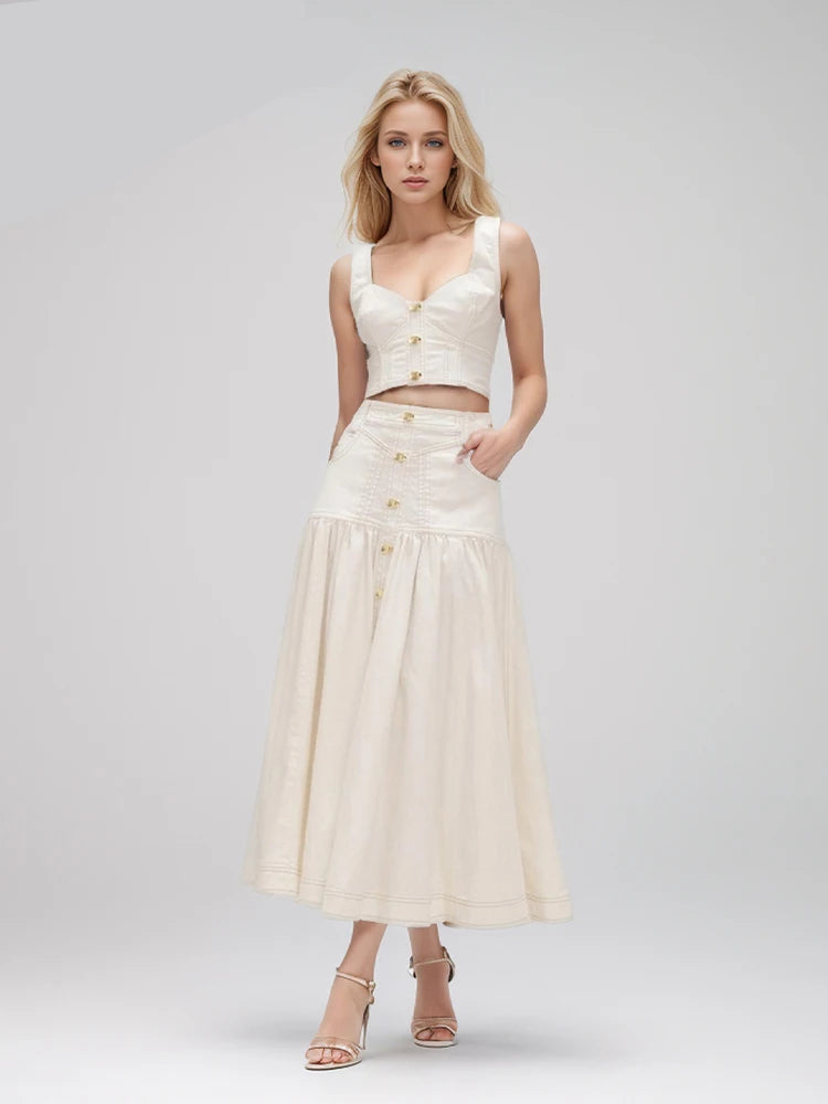 Women Square Collar Sleeveless Top High Waist Skirt and Solid Spliced Button Two Piece Set