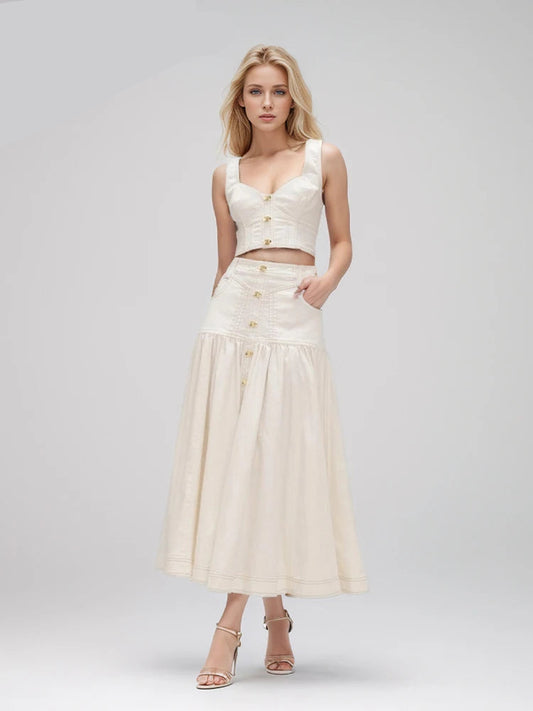 Women Square Collar Sleeveless Top High Waist Skirt and Solid Spliced Button Two Piece Set