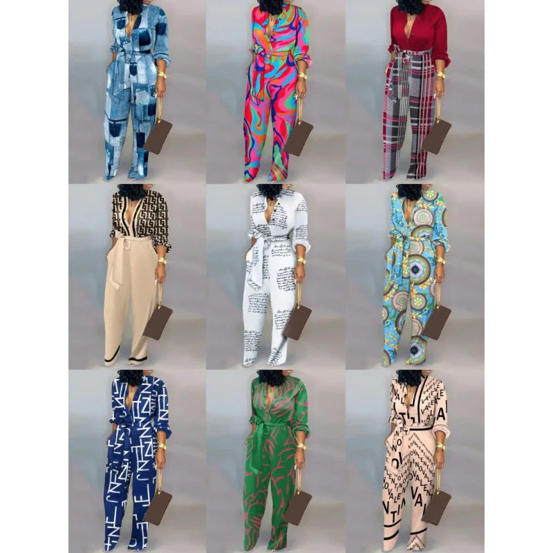 Women Fashion Letter Print Long Sleeve Jumpsuit Spring Button One Piece Overalls Streetwear Autumn Elegant Office Lady Playsuit