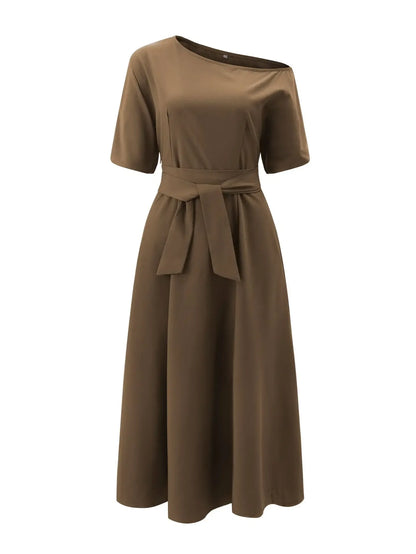 Women's S-2XL Size New Slanted Shoulder Collar Tie Waist Style Solid Color Dress Leopard print maxi dresses for women