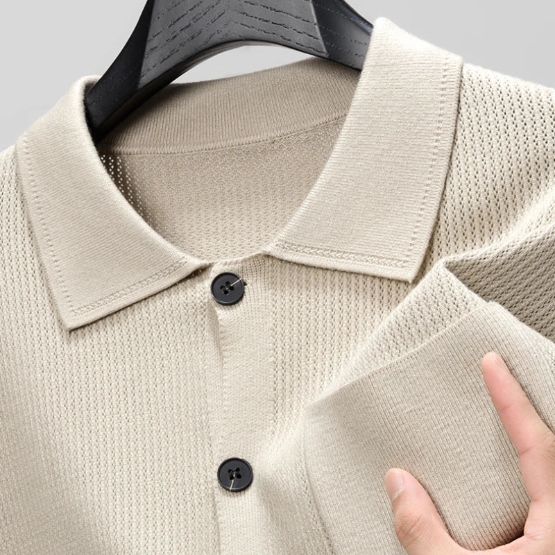 High-quality Men's Delicate Hollow Knit Cardigan, Lapel Single-breasted Button Autumn Sweater Versatile Knitwear for Daily Wear.