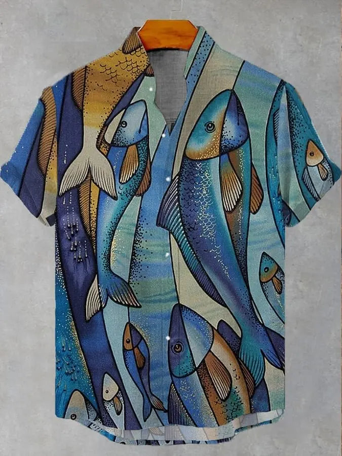 2025 men's new retro style fish pattern print men's casual linen comfortable fabric short sleeved shirt button top