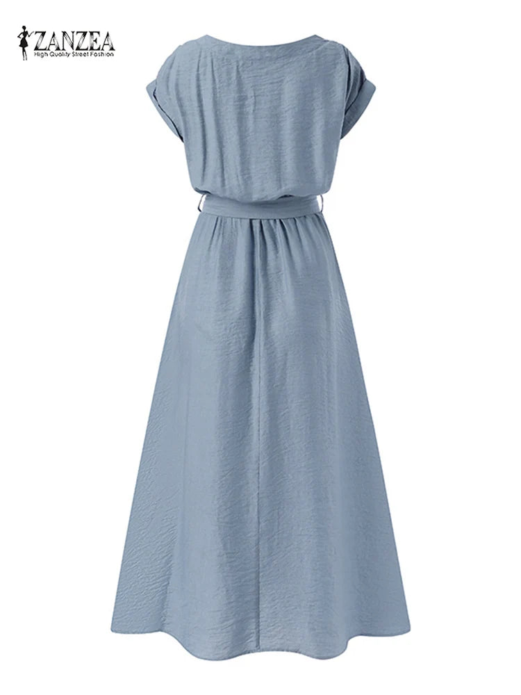 2025 ZANZEA Women Fashion Short Sleeve Dress Summer Elegant Party Vestidos Casual Mid-calf Sundress Femme Vintage OL Robe Kaftan