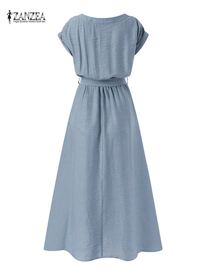 2025 ZANZEA Women Fashion Short Sleeve Dress Summer Elegant Party Vestidos Casual Mid-calf Sundress Femme Vintage OL Robe Kaftan