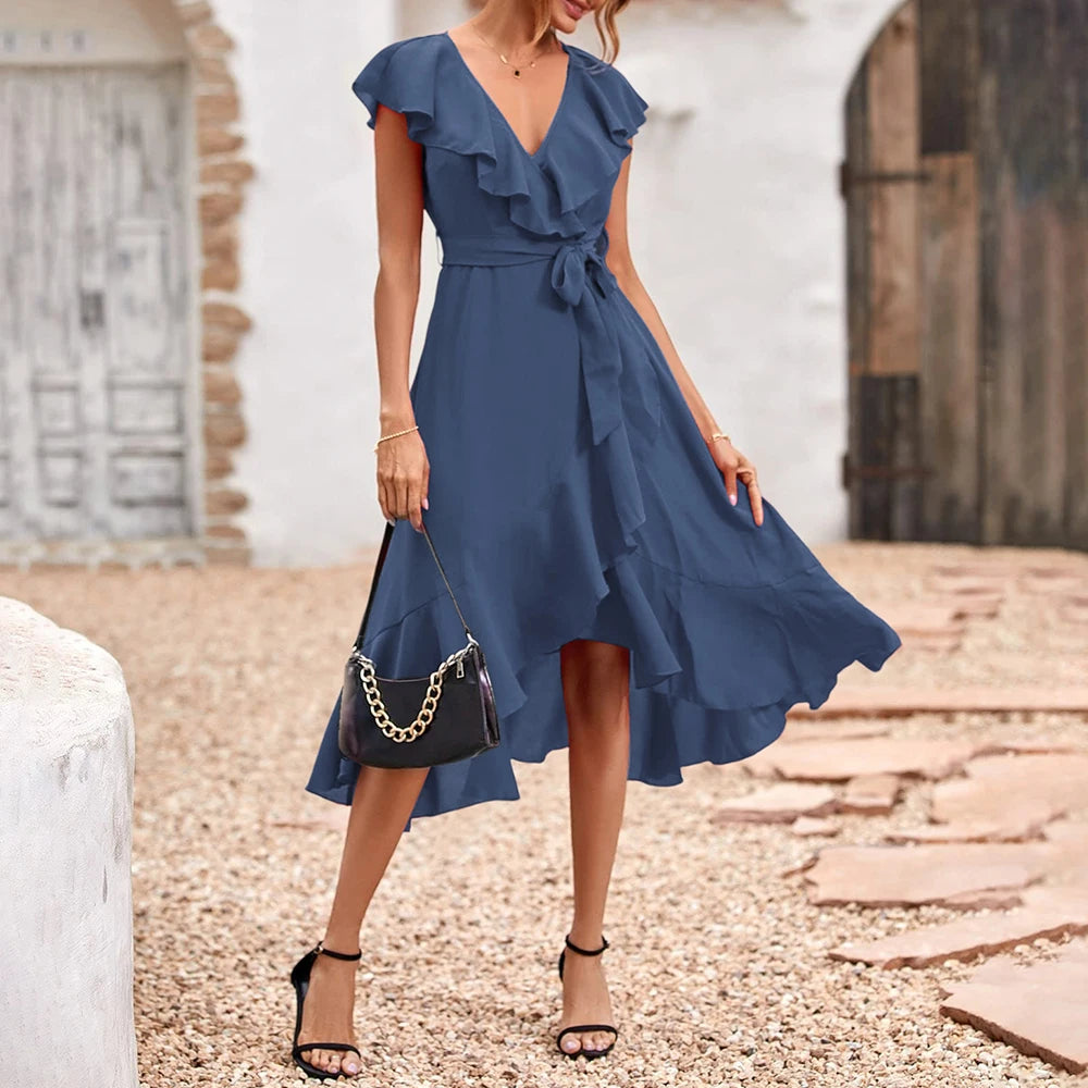Women's Elegant Solid Ruffle Flying Sleeve Lace Up Skater Midi Dress Summer Ladies Party Holiday Casual Sundress Size S-2XL
