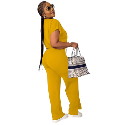 Women Short Sleeve Top & High Waist Pants Set