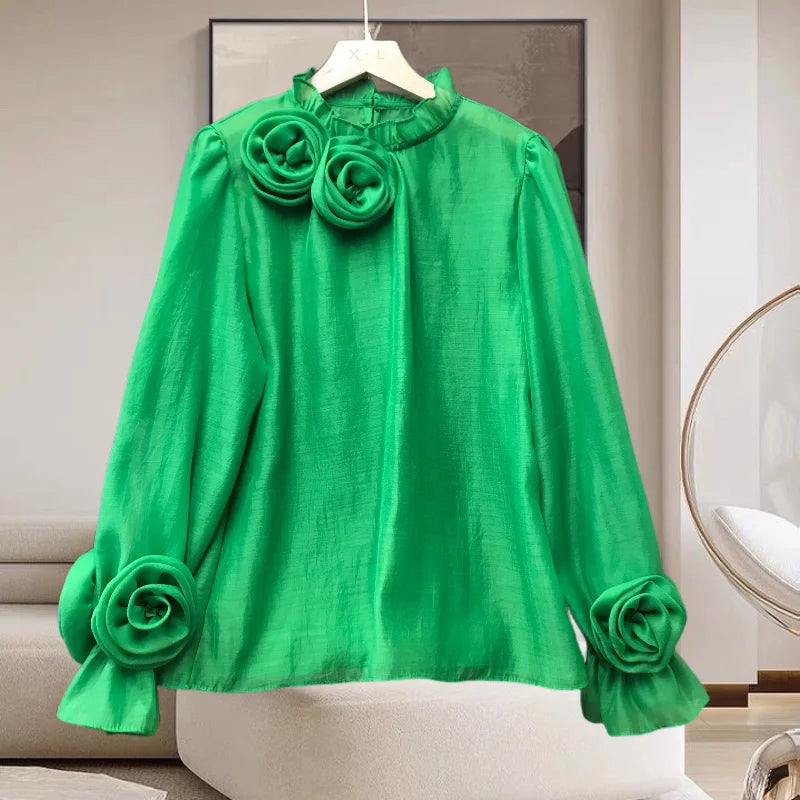 Spring 2024 French Style Shirt Women Three-dimensional Flowers Patchwork Colored Blouse Solid Long Sleeve Women Top 42927