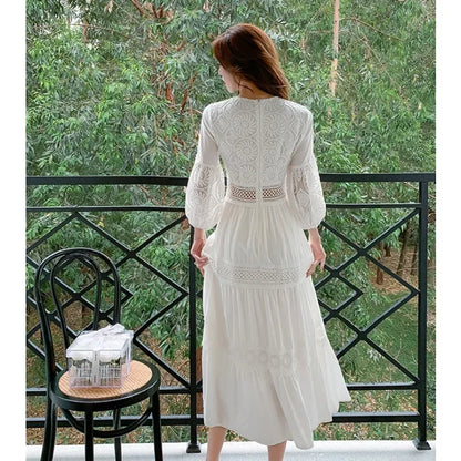 2025 Women's New Spring/Summer White Hollow Sweet Dress Fashion French Bubble Sleeve Knee length Skirt European and American