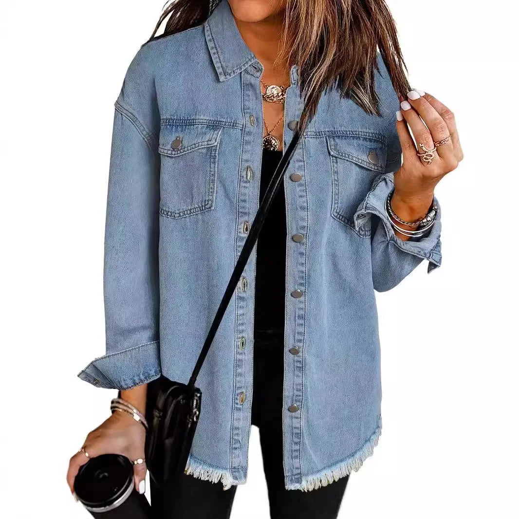 Women Denim Shirt Turn Down Collar  Streetwear Open Stitch Single Breasted Casual Loose Jackets